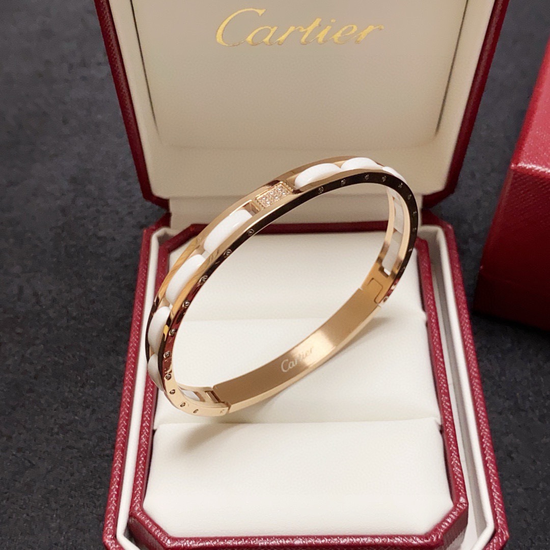 Cartier Maillon Panthere bracelet 18k yellow gold 18k rose gold 18k white gold white ceramic diamond accents 17