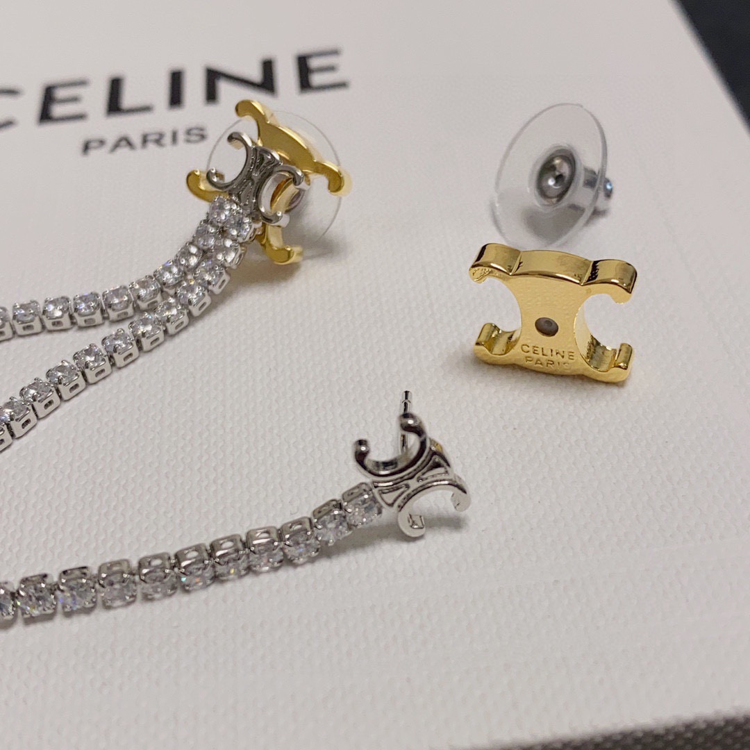 Celine Triomphe Crystal Fringe Drop Earrings earrings Two-tone gold and silver-toned metal with clear faceted crystals 6cm drop length