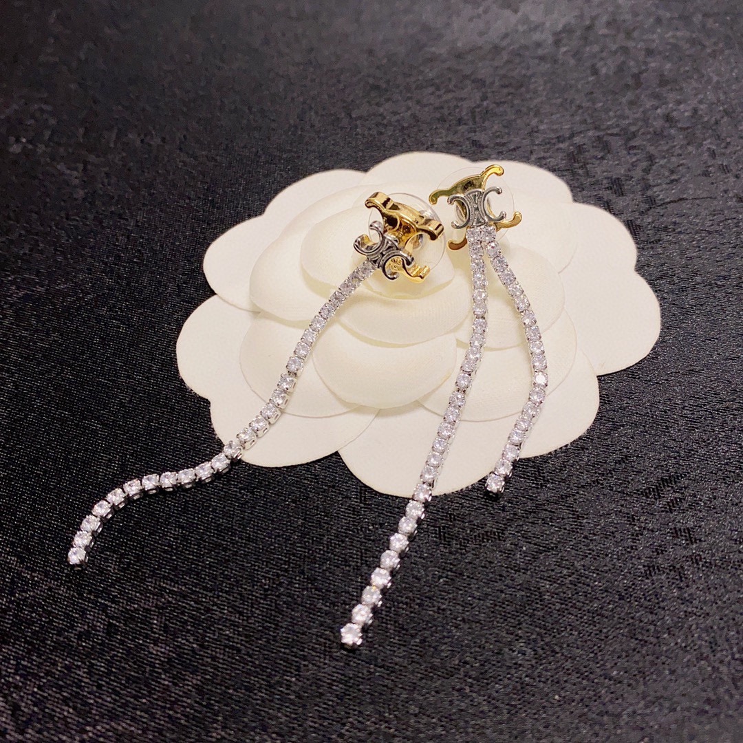 Celine Triomphe Crystal Fringe Drop Earrings earrings Two-tone gold and silver-toned metal with clear faceted crystals 6cm drop length