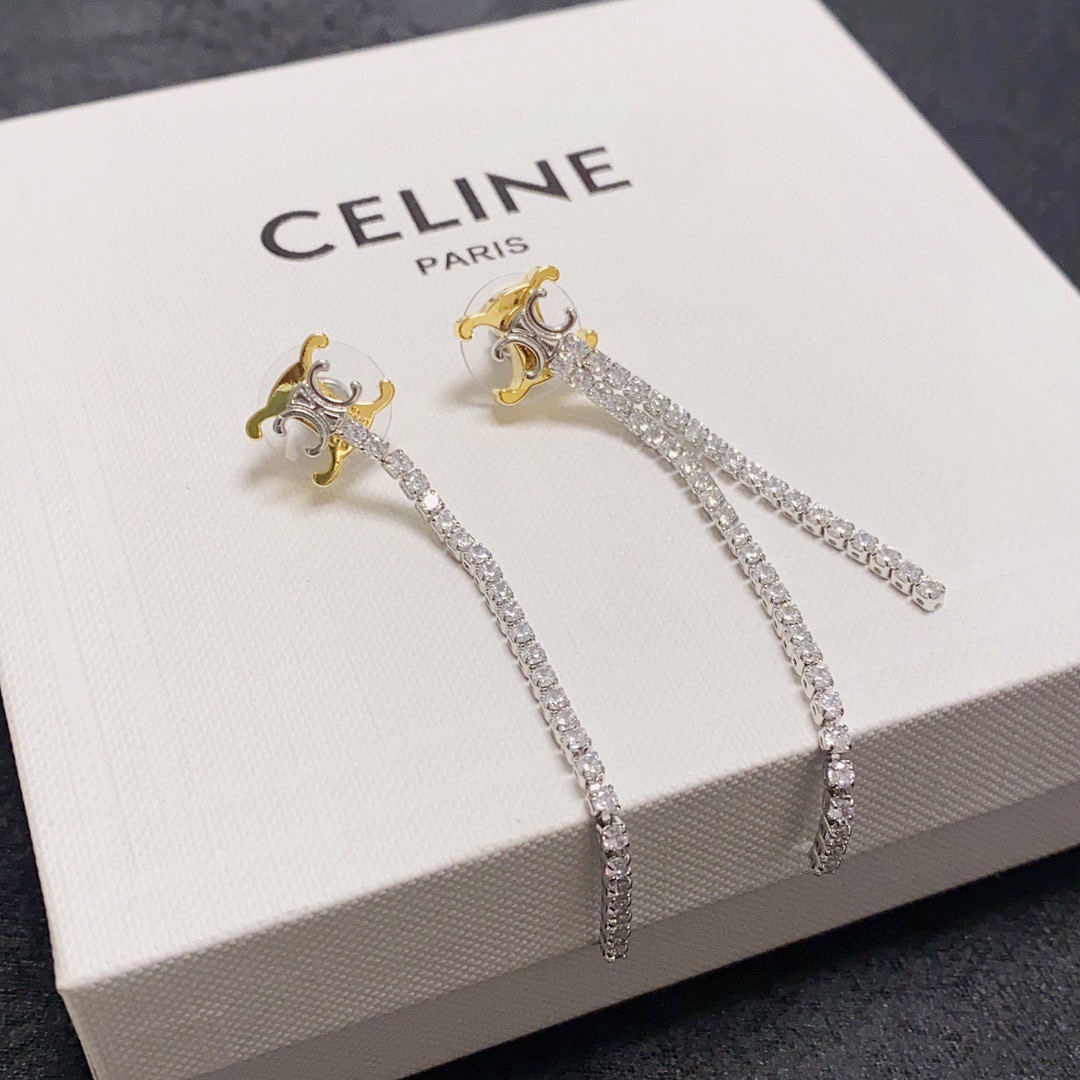 Celine Triomphe Crystal Fringe Drop Earrings earrings Two-tone gold and silver-toned metal with clear faceted crystals 6cm drop length