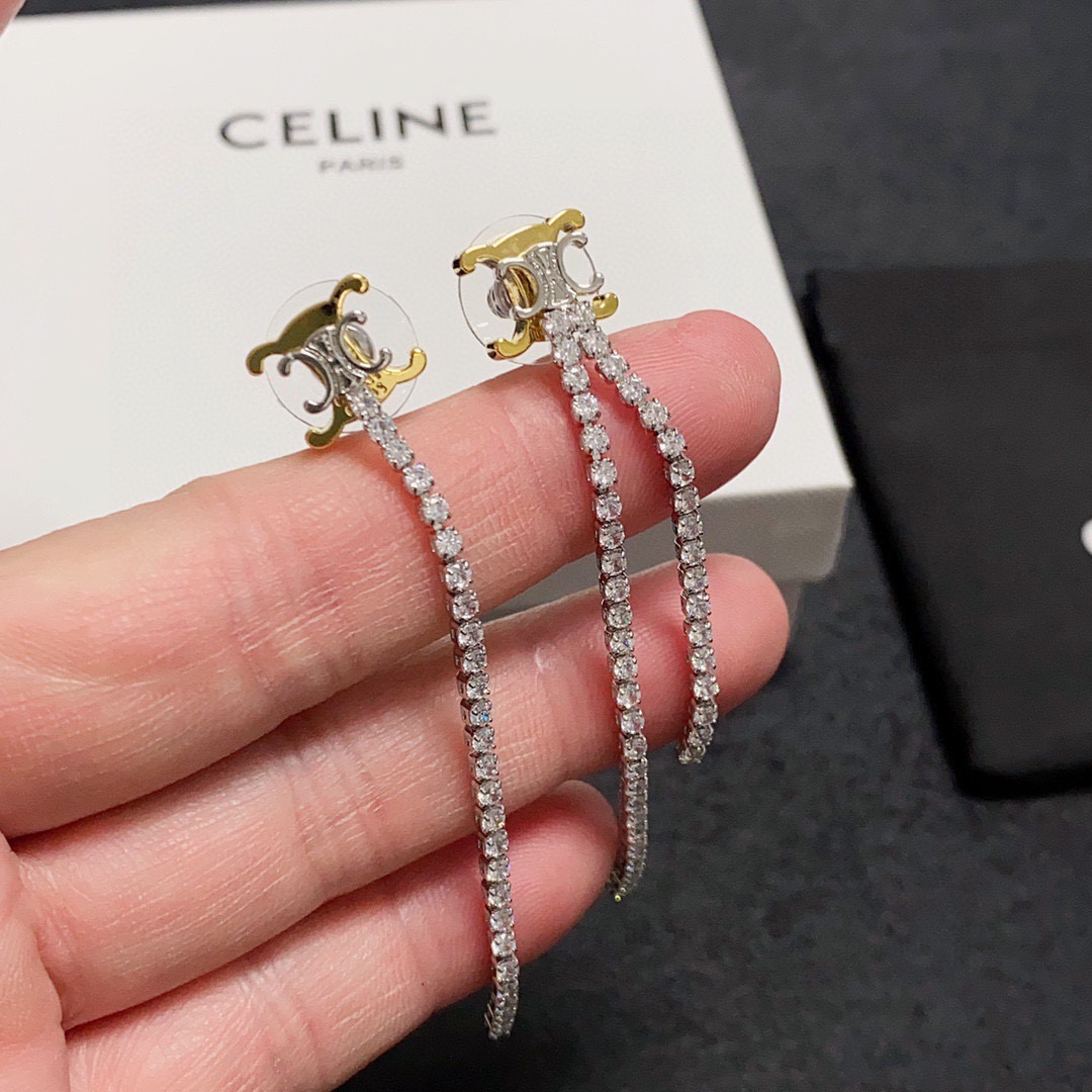 Celine Triomphe Crystal Fringe Drop Earrings earrings Two-tone gold and silver-toned metal with clear faceted crystals 6cm drop length