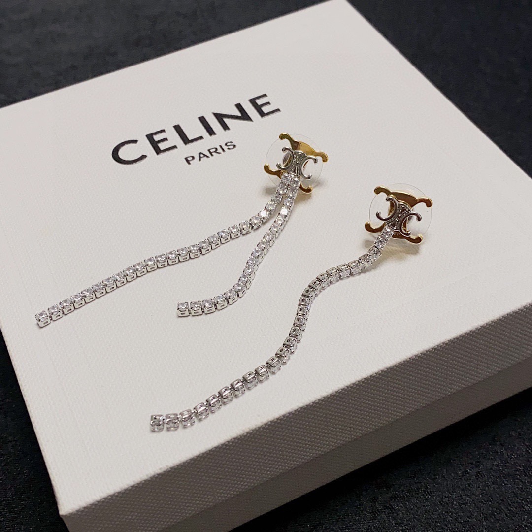 Celine Triomphe Crystal Fringe Drop Earrings earrings Two-tone gold and silver-toned metal with clear faceted crystals 6cm drop length