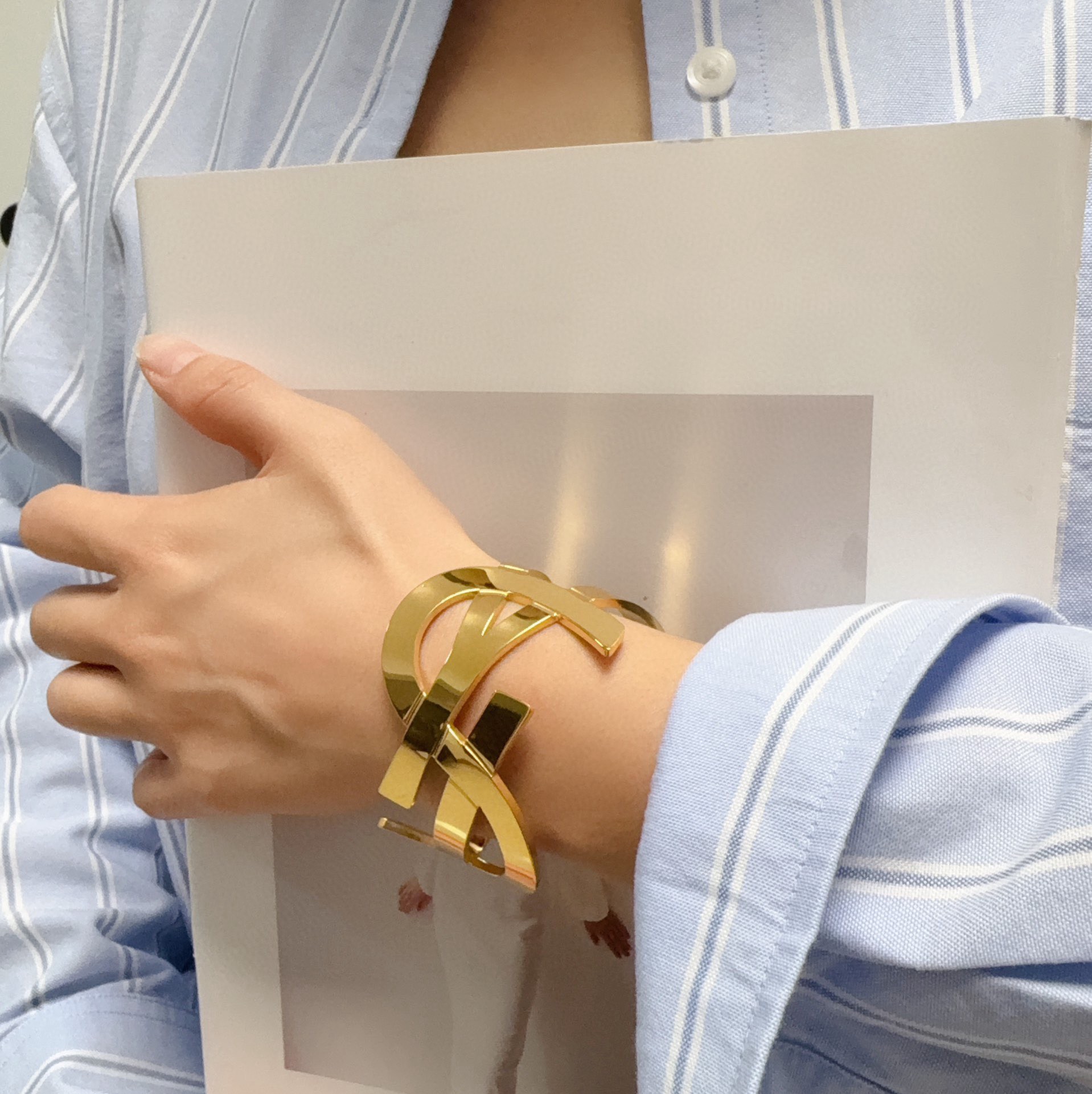 Saint Laurent Cassandre YSL Monogram Cuff bracelet gold-tone metal silver-tone metal 6cm inner diameter