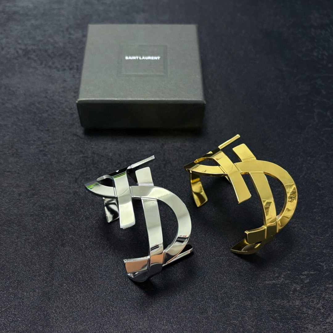 Saint Laurent Cassandre YSL Monogram Cuff bracelet gold-tone metal silver-tone metal 6cm inner diameter