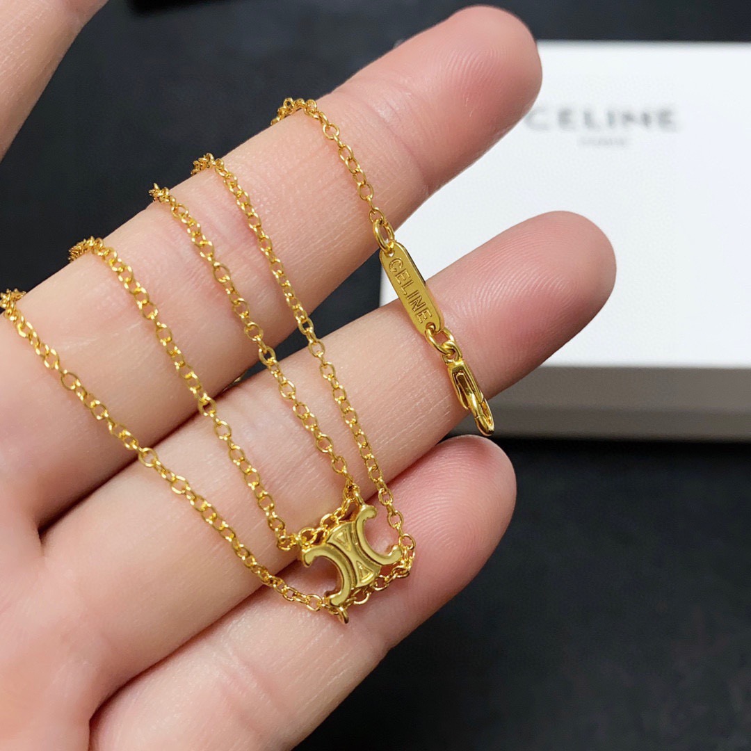Celine Triomphe Double Chain necklace gold-tone metal no gemstones 40cm with 5cm extender