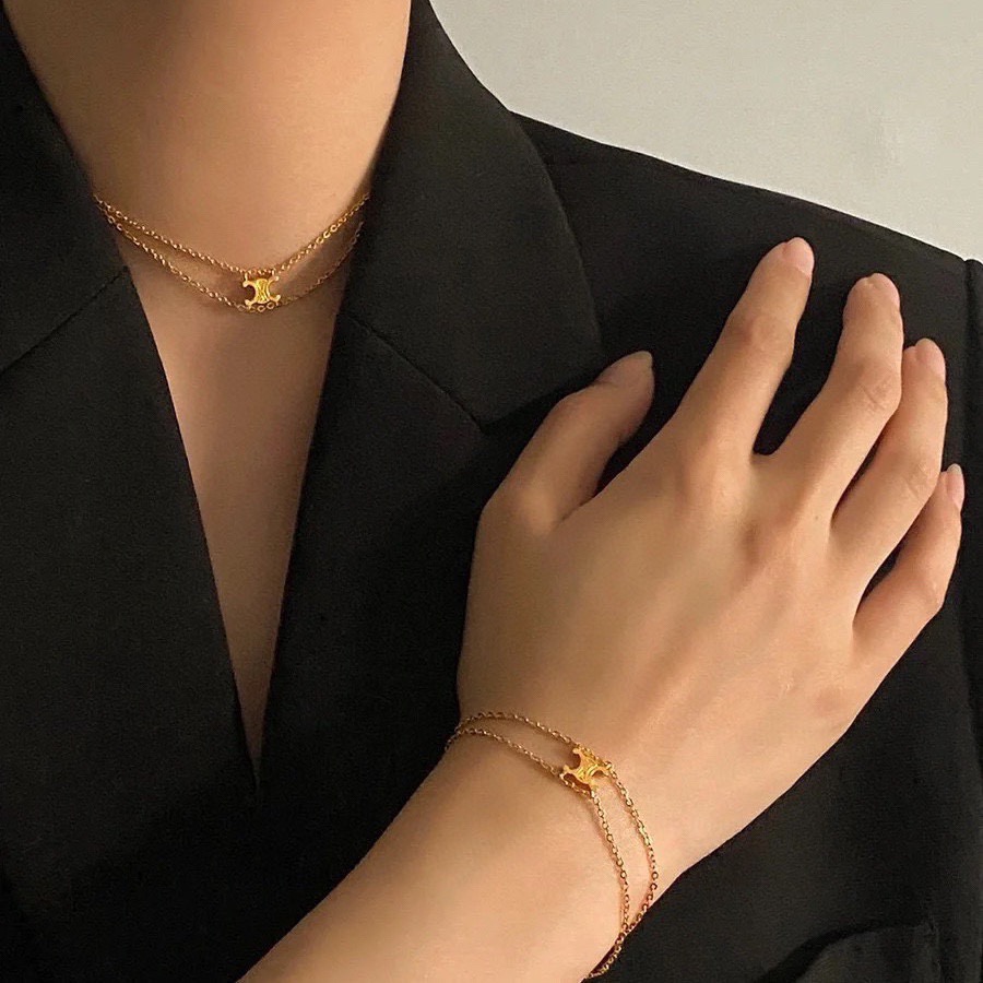 Celine Triomphe Double Chain necklace gold-tone metal no gemstones 40cm with 5cm extender
