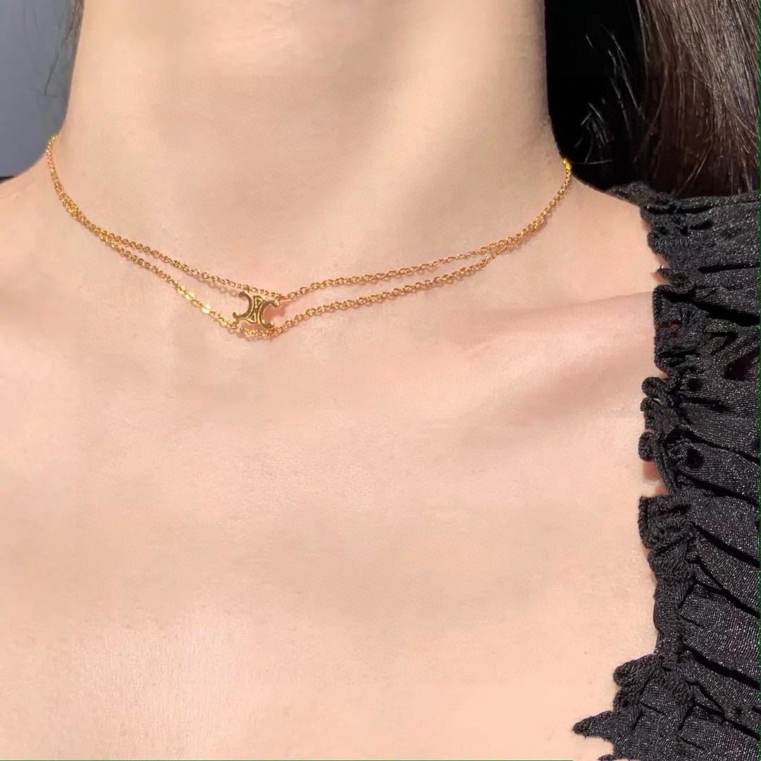 Celine Triomphe Double Chain necklace gold-tone metal no gemstones 40cm with 5cm extender