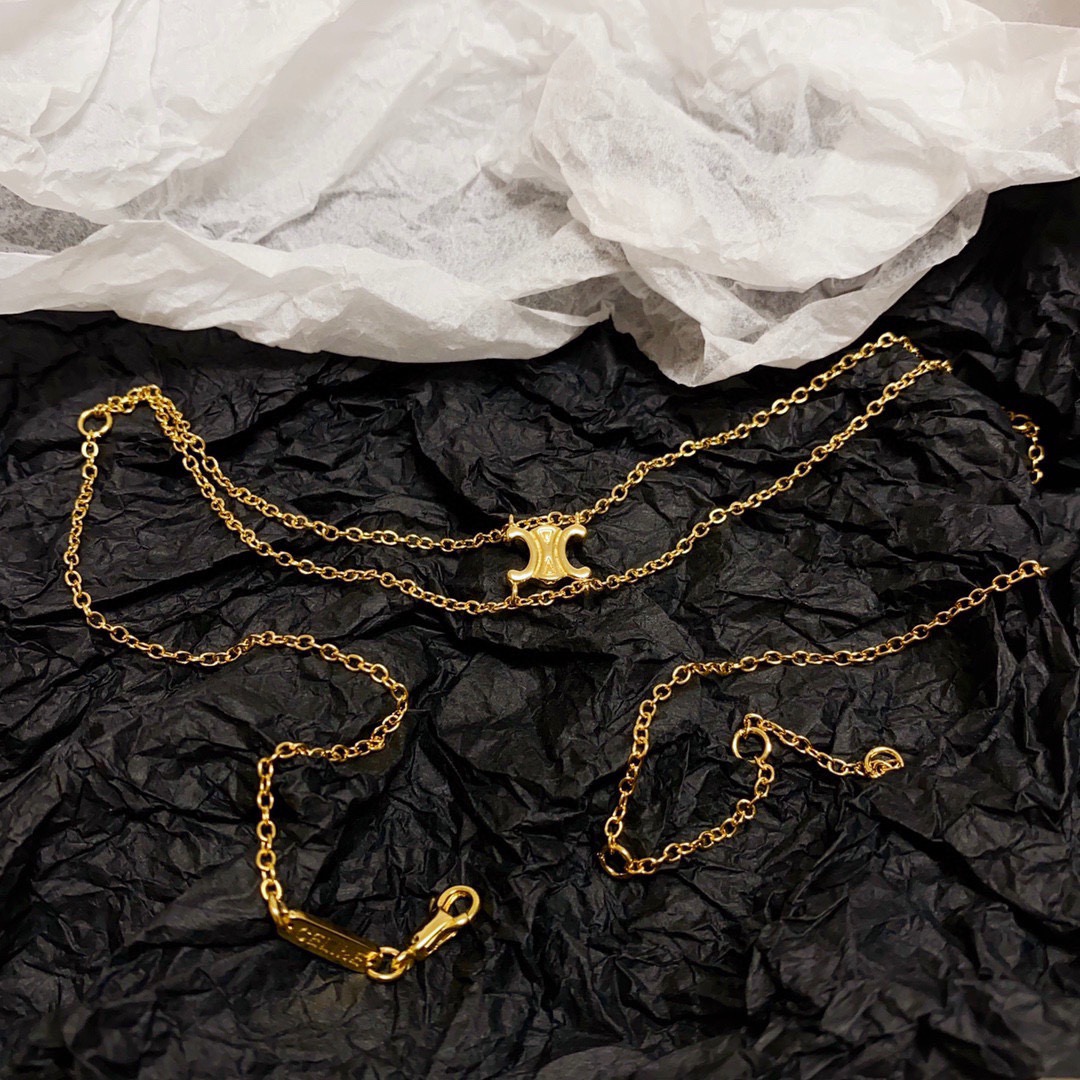 Celine Triomphe Double Chain necklace gold-tone metal no gemstones 40cm with 5cm extender
