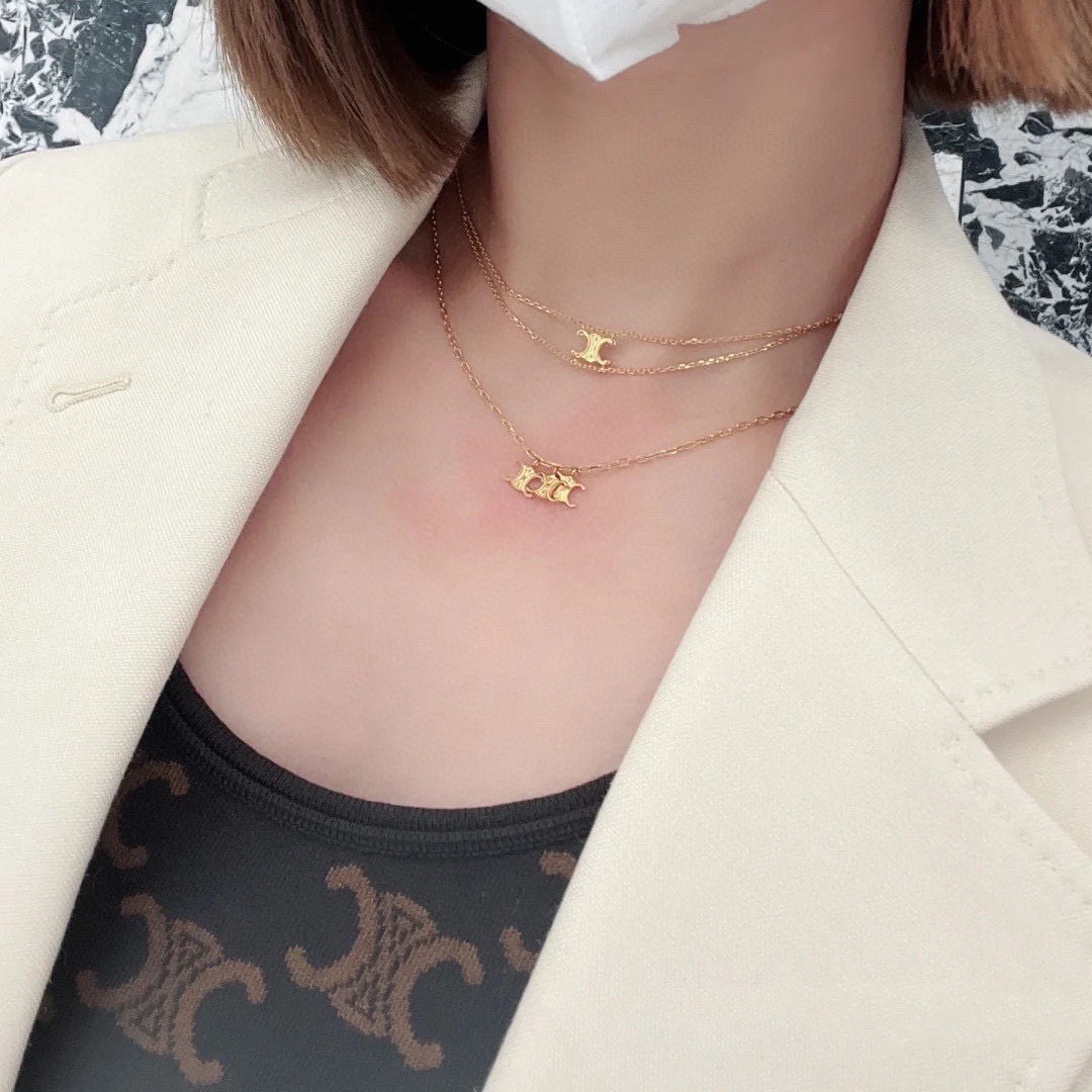 Celine Triomphe Double Chain necklace gold-tone metal no gemstones 40cm with 5cm extender