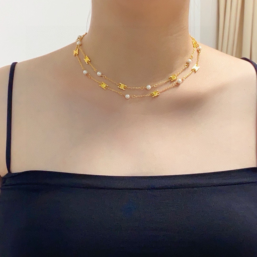 Celine Triomphe Pearl Station Double Chain necklace gold-tone metal with white pearl accents 40cm with 5cm extender