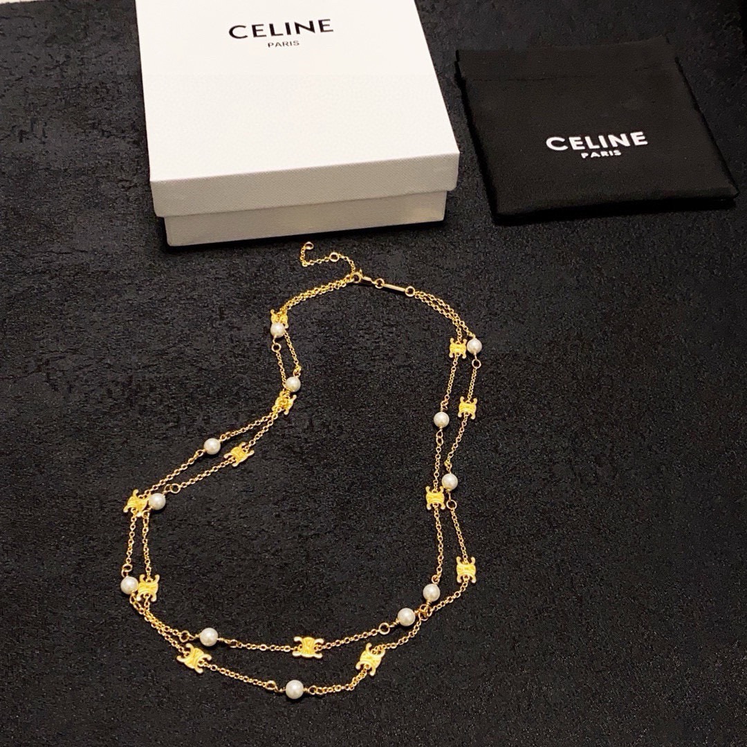 Celine Triomphe Pearl Station Double Chain necklace gold-tone metal with white pearl accents 40cm with 5cm extender