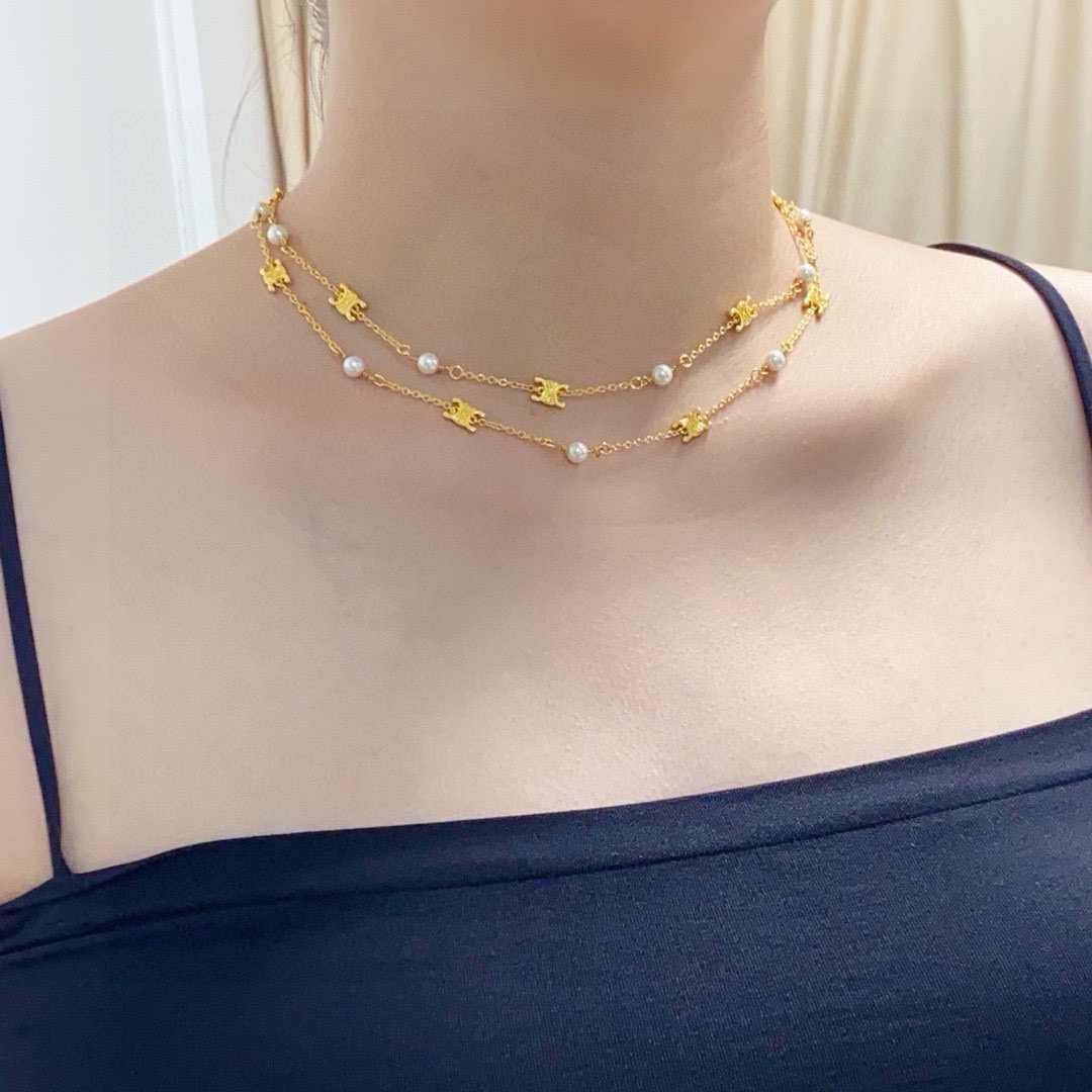 Celine Triomphe Pearl Station Double Chain necklace gold-tone metal with white pearl accents 40cm with 5cm extender