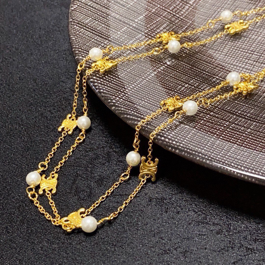 Celine Triomphe Pearl Station Double Chain necklace gold-tone metal with white pearl accents 40cm with 5cm extender