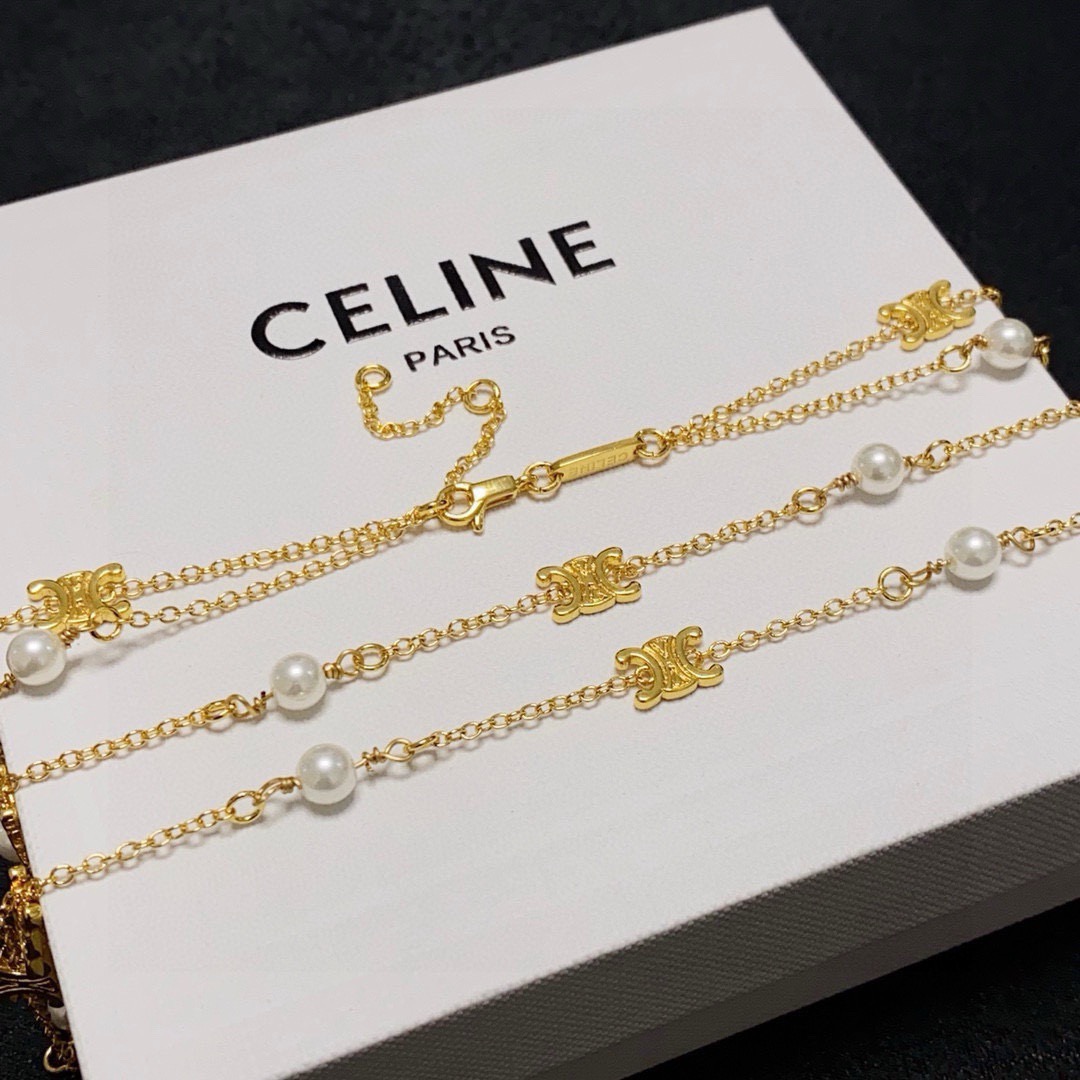 Celine Triomphe Pearl Station Double Chain necklace gold-tone metal with white pearl accents 40cm with 5cm extender