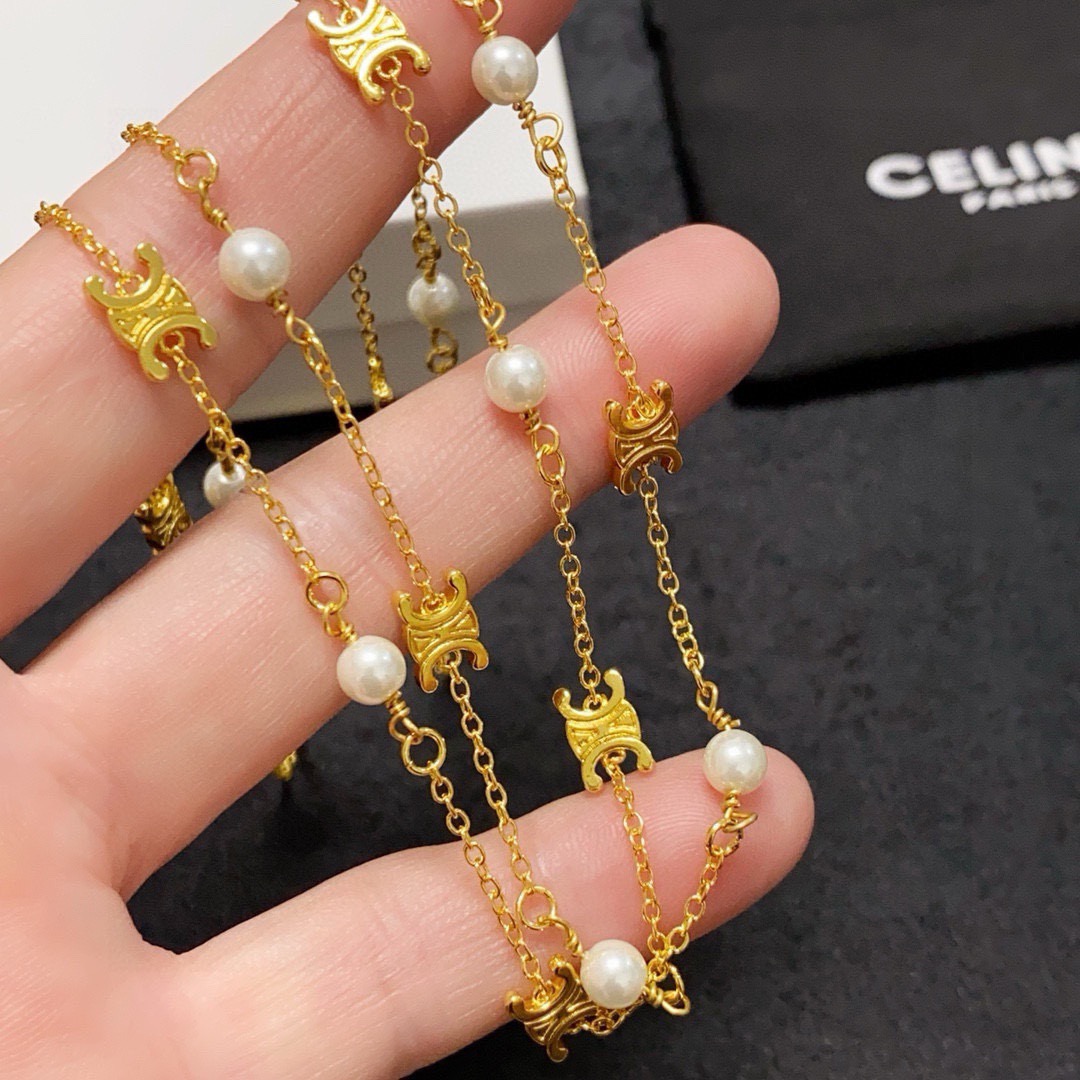 Celine Triomphe Pearl Station Double Chain necklace gold-tone metal with white pearl accents 40cm with 5cm extender