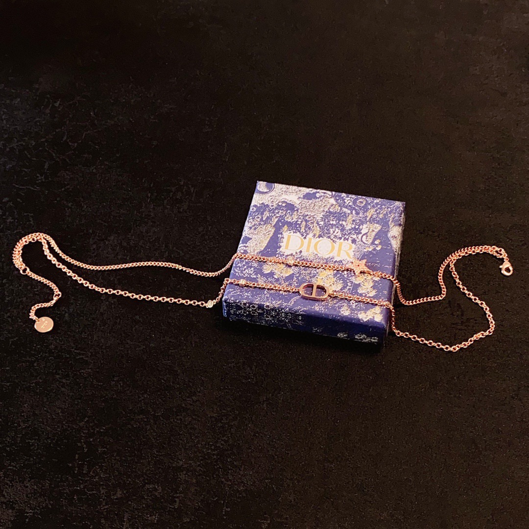 Dior Petit CD Star Double Chain necklace Rose gold metal with clear pave crystal accents on star charm 42cm with 5cm extender