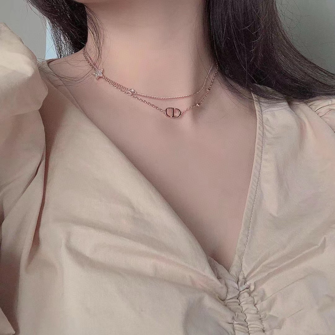 Dior Petit CD Star Double Chain necklace Rose gold metal with clear pave crystal accents on star charm 42cm with 5cm extender