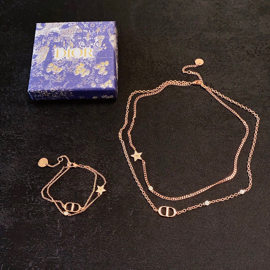 Dior Petit CD Star Double Chain necklace Rose gold metal with clear pave crystal accents on star charm 42cm with 5cm extender