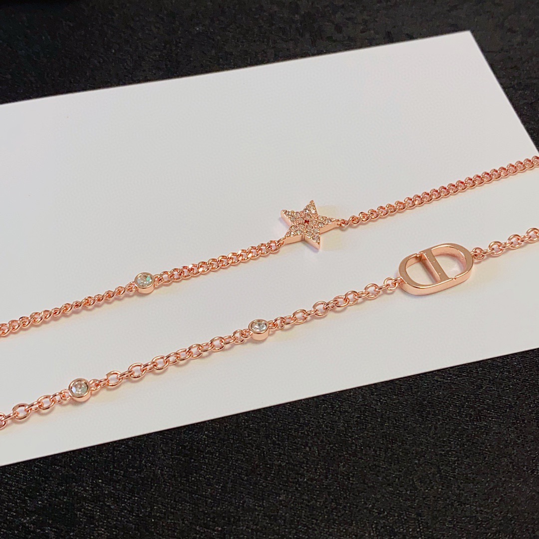 Dior Petit CD Star Double Chain necklace Rose gold metal with clear pave crystal accents on star charm 42cm with 5cm extender