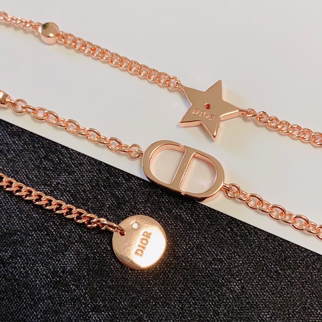 Dior Petit CD Star Double Chain necklace Rose gold metal with clear pave crystal accents on star charm 42cm with 5cm extender