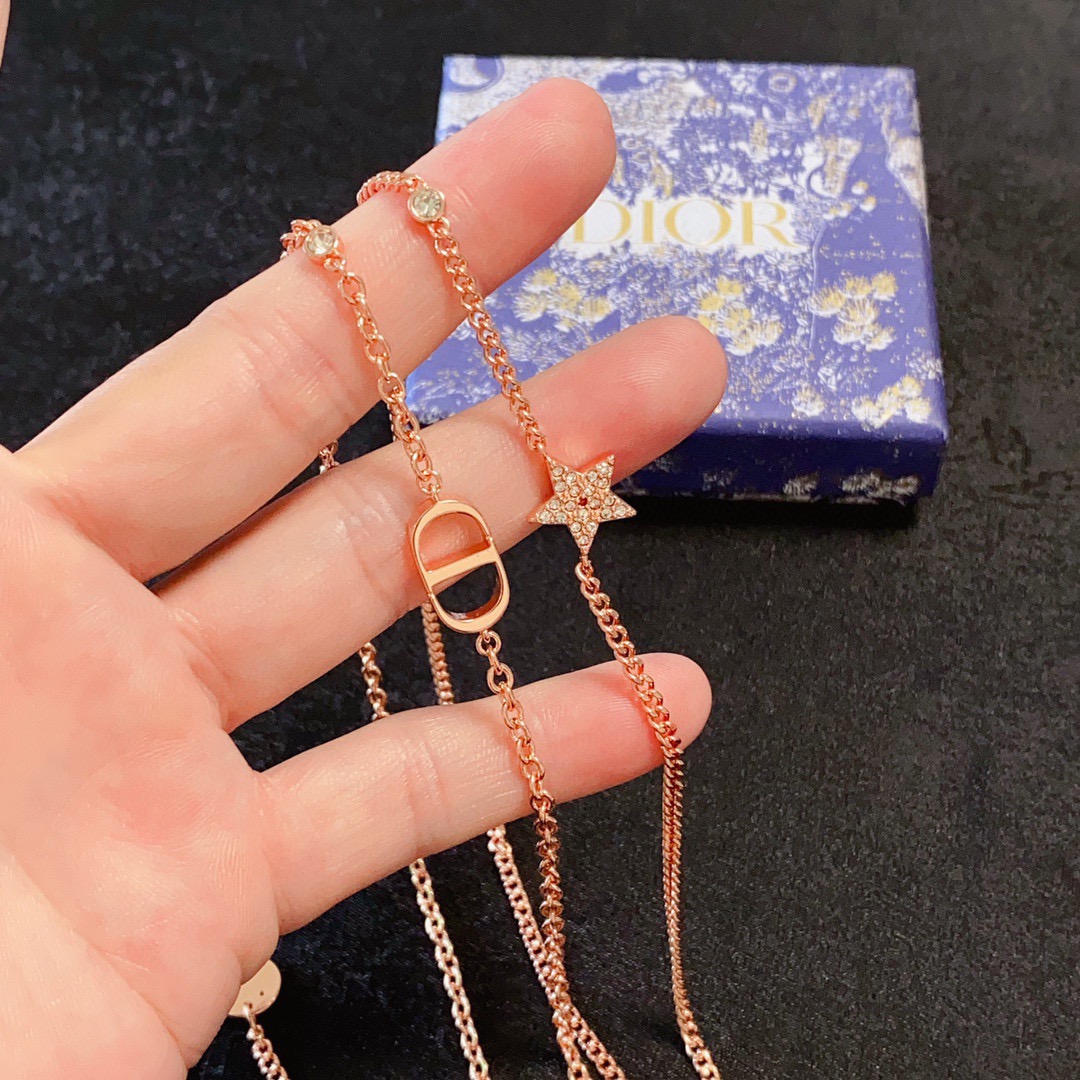 Dior Petit CD Star Double Chain necklace Rose gold metal with clear pave crystal accents on star charm 42cm with 5cm extender