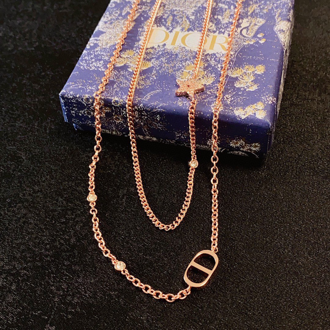 Dior Petit CD Star Double Chain necklace Rose gold metal with clear pave crystal accents on star charm 42cm with 5cm extender