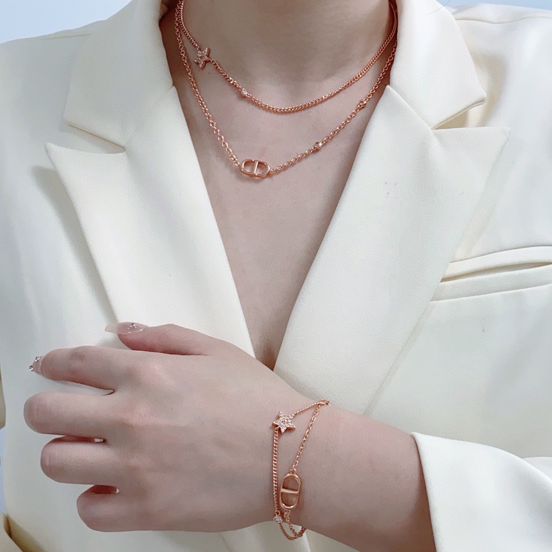 Dior Petit CD Star Double Chain necklace Rose gold metal with clear pave crystal accents on star charm 42cm with 5cm extender