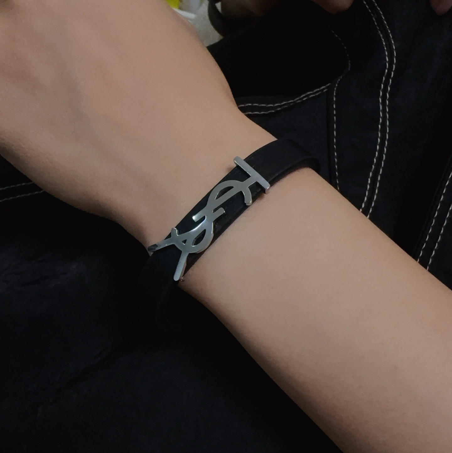 Saint Laurent Cassandre YSL Logo Leather Bracelet bracelet Black grained leather with gold-tone metal hardware 19cm