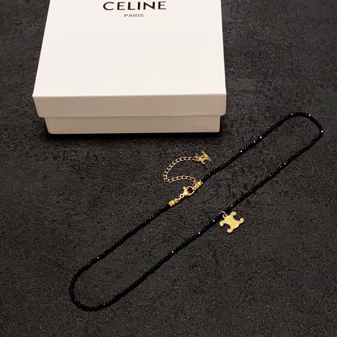 Celine Triomphe Skeleton Chic Beaded Necklace necklace Gold-tone metal with black faceted beads 16 inches choker length