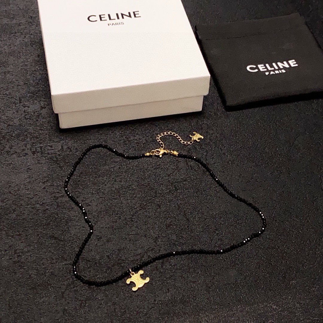 Celine Triomphe Skeleton Chic Beaded Necklace necklace Gold-tone metal with black faceted beads 16 inches choker length