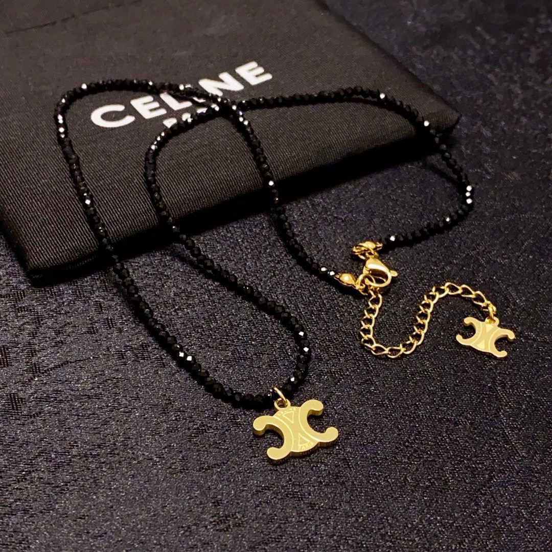 Celine Triomphe Skeleton Chic Beaded Necklace necklace Gold-tone metal with black faceted beads 16 inches choker length