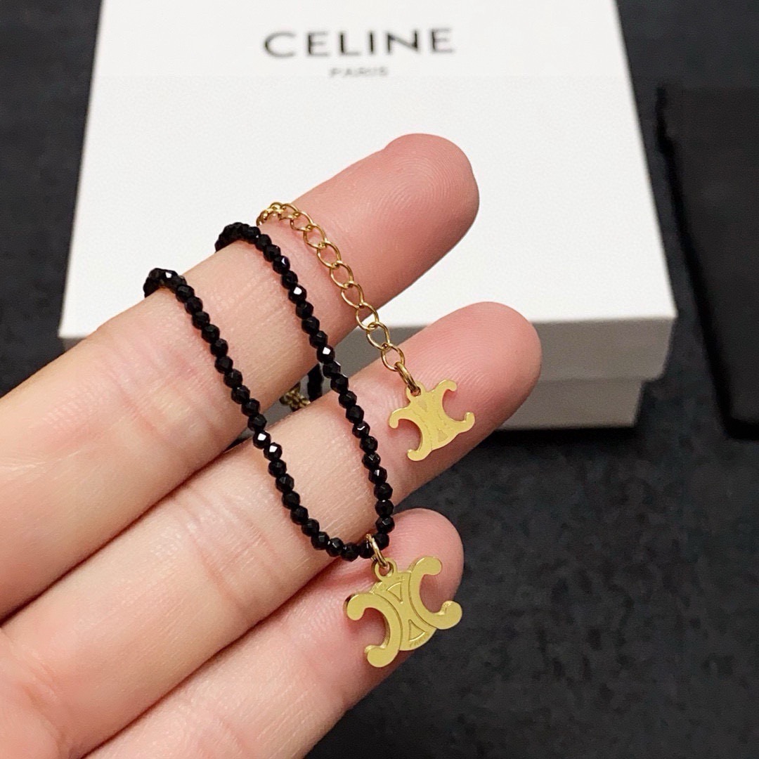 Celine Triomphe Skeleton Chic Beaded Necklace necklace Gold-tone metal with black faceted beads 16 inches choker length