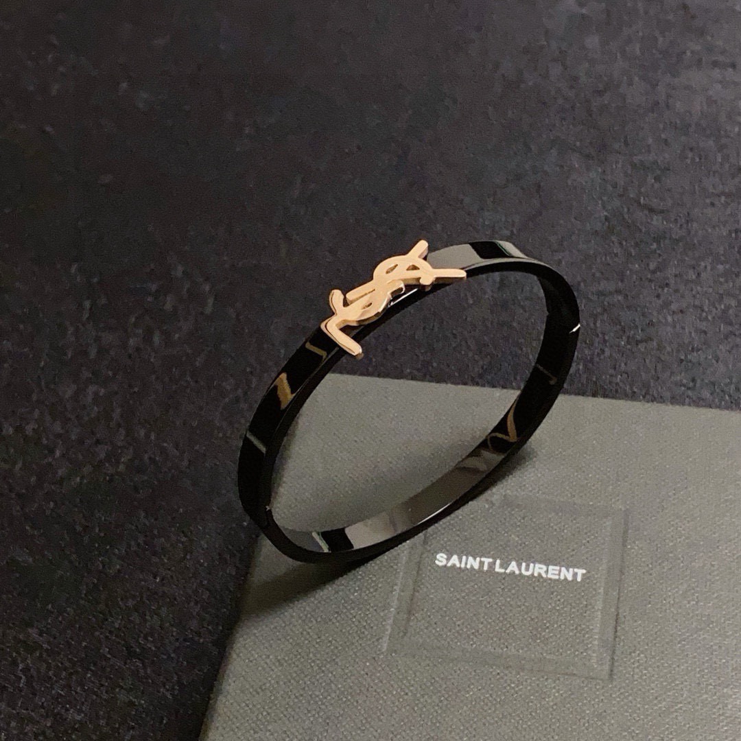 Saint Laurent Cassandre YSL Monogram Bangle bracelet black enamel band with gold-tone metal logo 17cm inner circumference