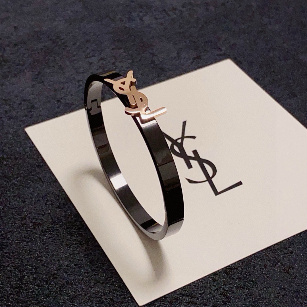 Saint Laurent Cassandre YSL Monogram Bangle bracelet black enamel band with gold-tone metal logo 17cm inner circumference