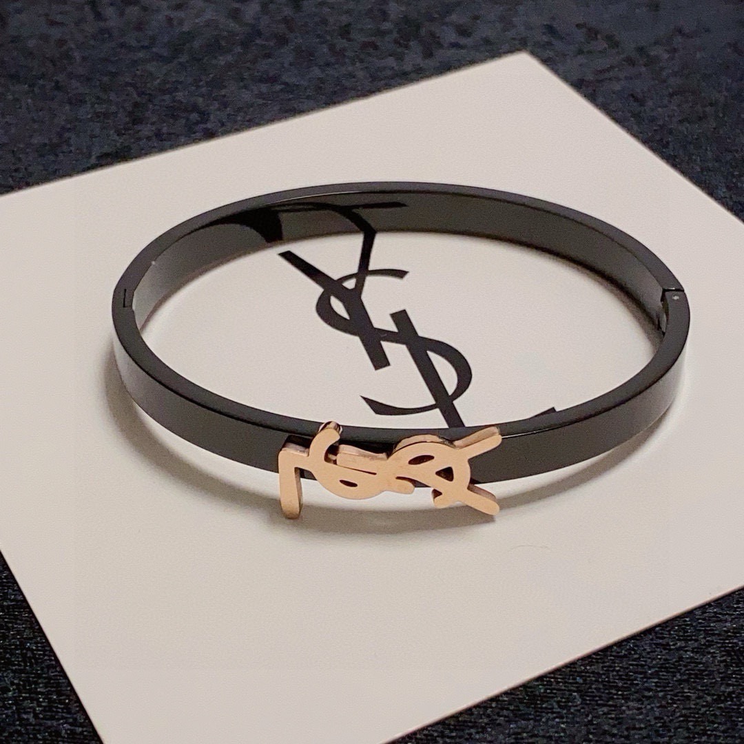 Saint Laurent Cassandre YSL Monogram Bangle bracelet black enamel band with gold-tone metal logo 17cm inner circumference