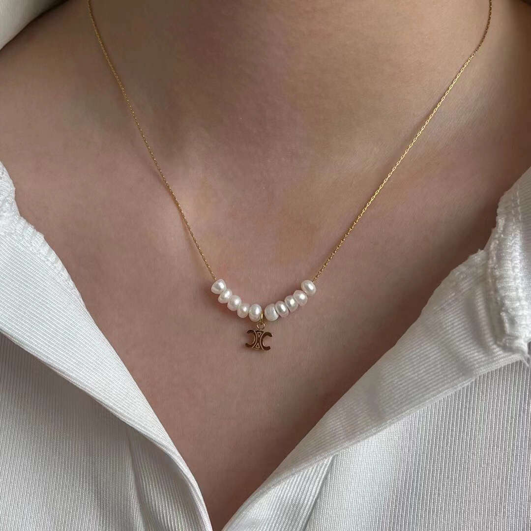 Celine Triomphe Pearl Charm necklace gold-tone metal white freshwater pearl 40cm with 5cm extender