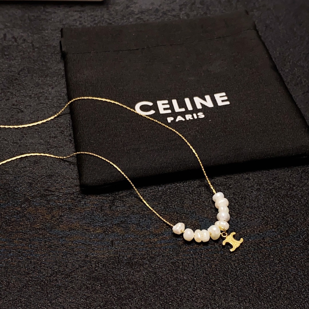 Celine Triomphe Pearl Charm necklace gold-tone metal white freshwater pearl 40cm with 5cm extender