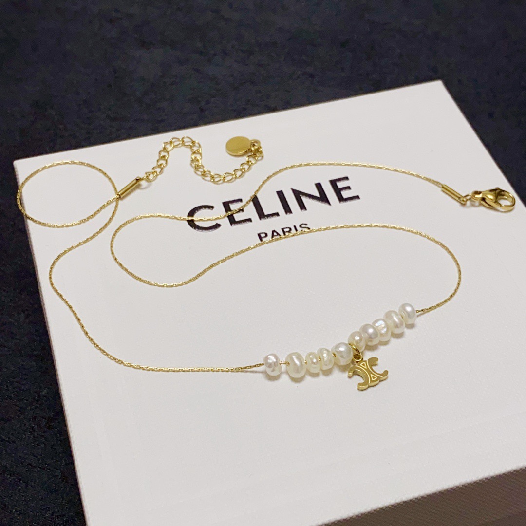 Celine Triomphe Pearl Charm necklace gold-tone metal white freshwater pearl 40cm with 5cm extender
