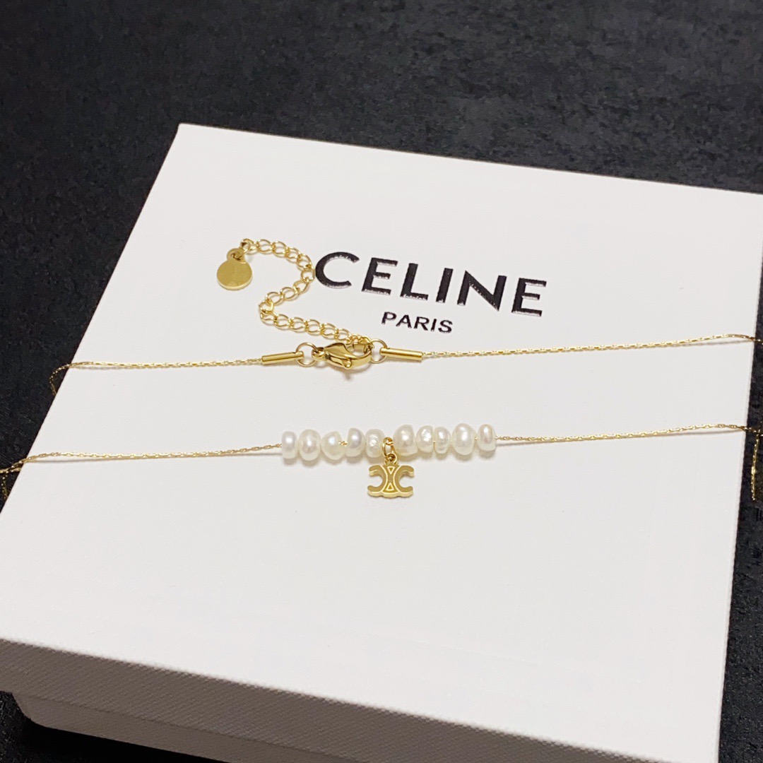 Celine Triomphe Pearl Charm necklace gold-tone metal white freshwater pearl 40cm with 5cm extender