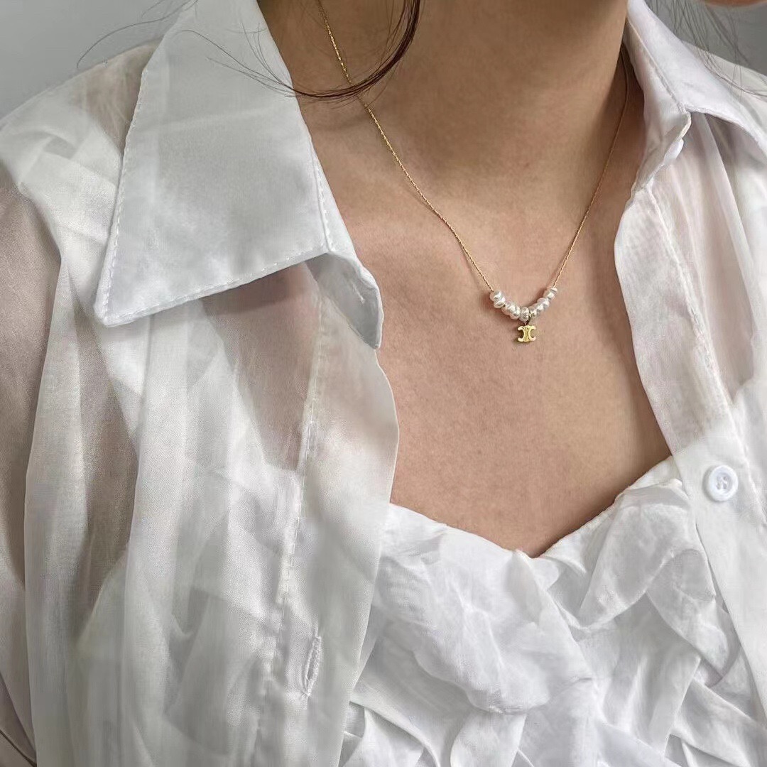 Celine Triomphe Pearl Charm necklace gold-tone metal white freshwater pearl 40cm with 5cm extender