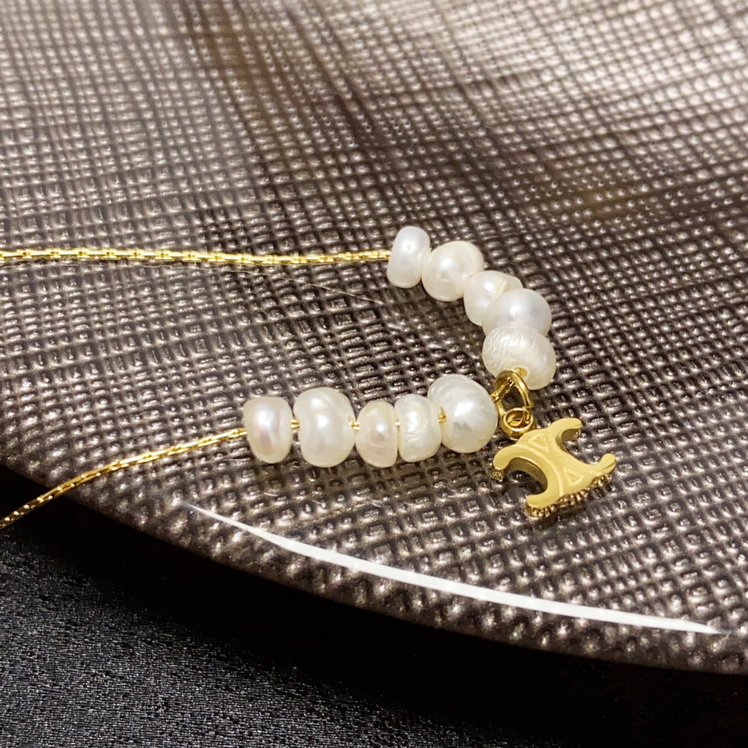 Celine Triomphe Pearl Charm necklace gold-tone metal white freshwater pearl 40cm with 5cm extender