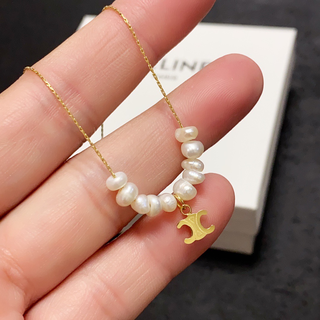 Celine Triomphe Pearl Charm necklace gold-tone metal white freshwater pearl 40cm with 5cm extender