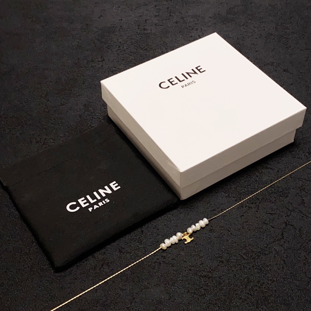 Celine Triomphe Pearl Charm necklace gold-tone metal white freshwater pearl 40cm with 5cm extender