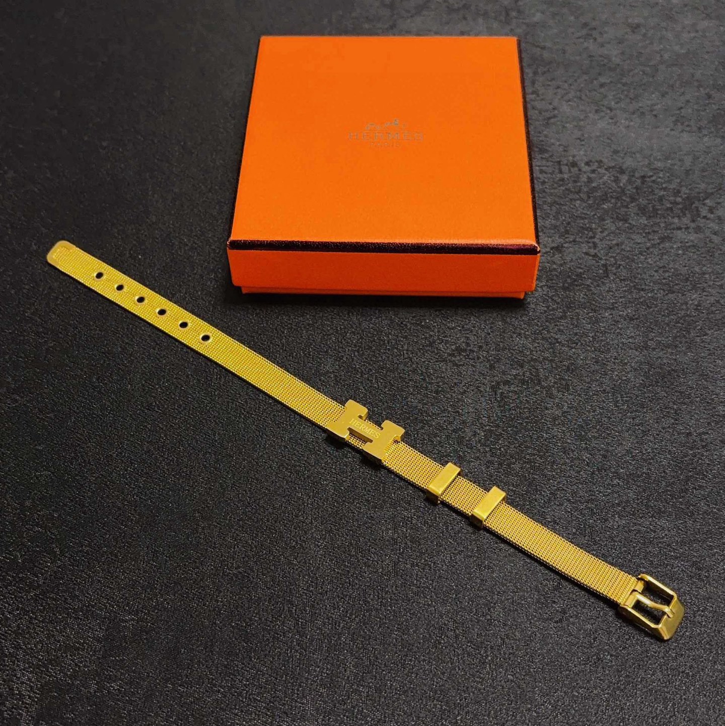 Bracelet Hermes Clic H Mesh Métal doré sans pierres précieuses Ajustable 16-19cm