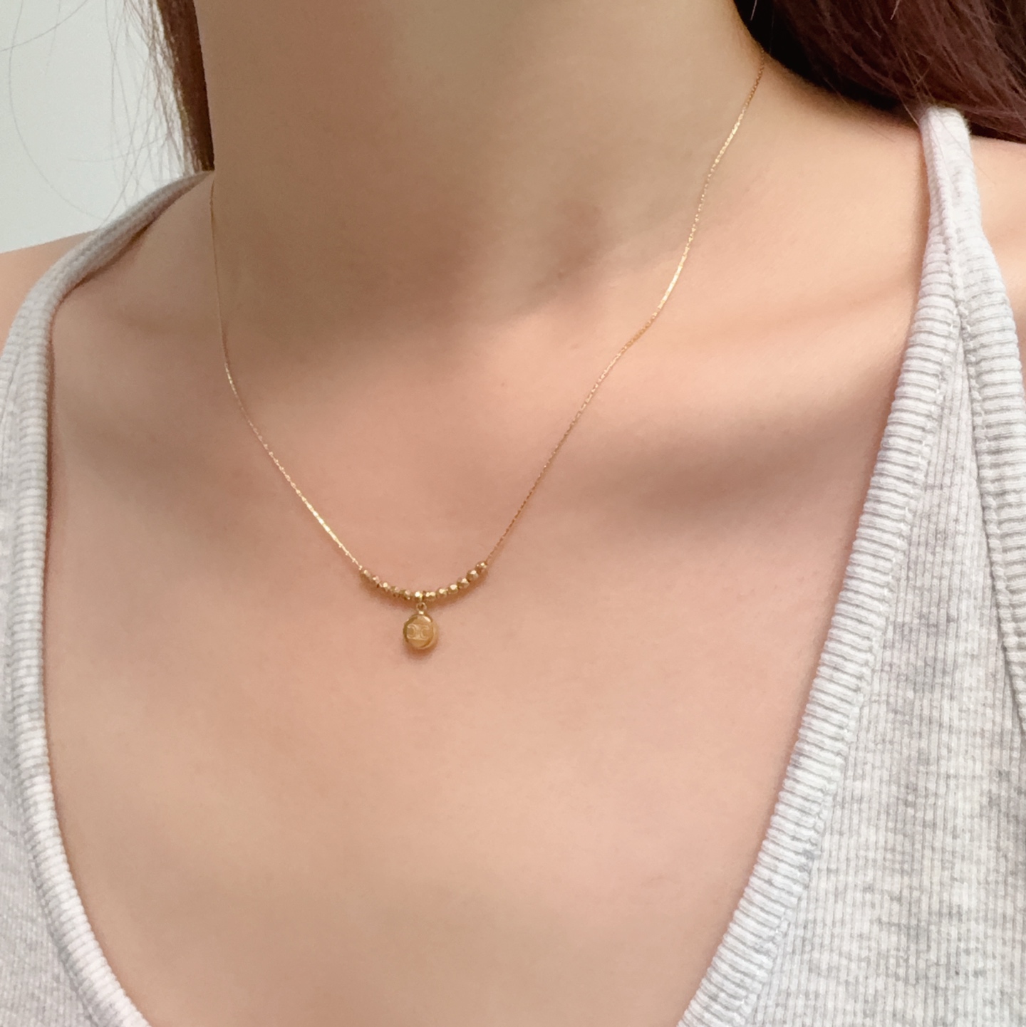 Celine Triomphe Round Pendant Beaded Chain necklace gold-tone metal 40cm with 5cm extender