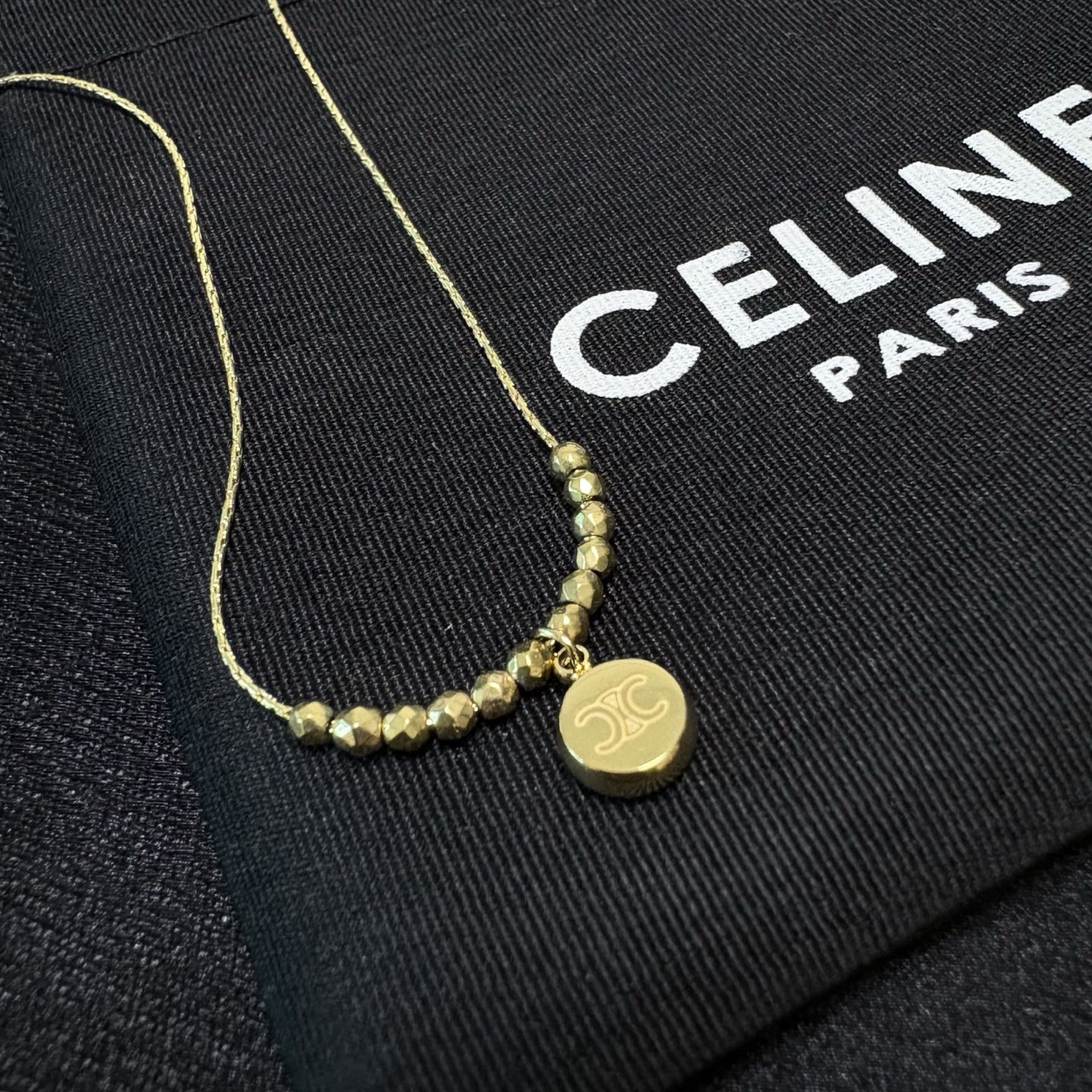 Celine Triomphe Round Pendant Beaded Chain necklace gold-tone metal 40cm with 5cm extender