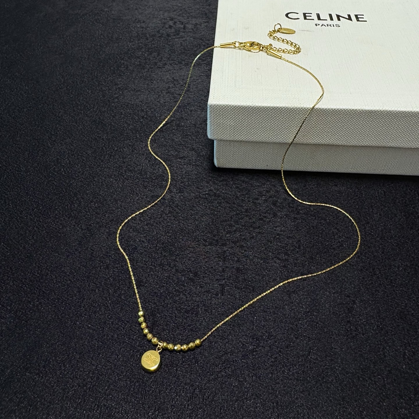 Celine Triomphe Round Pendant Beaded Chain necklace gold-tone metal 40cm with 5cm extender