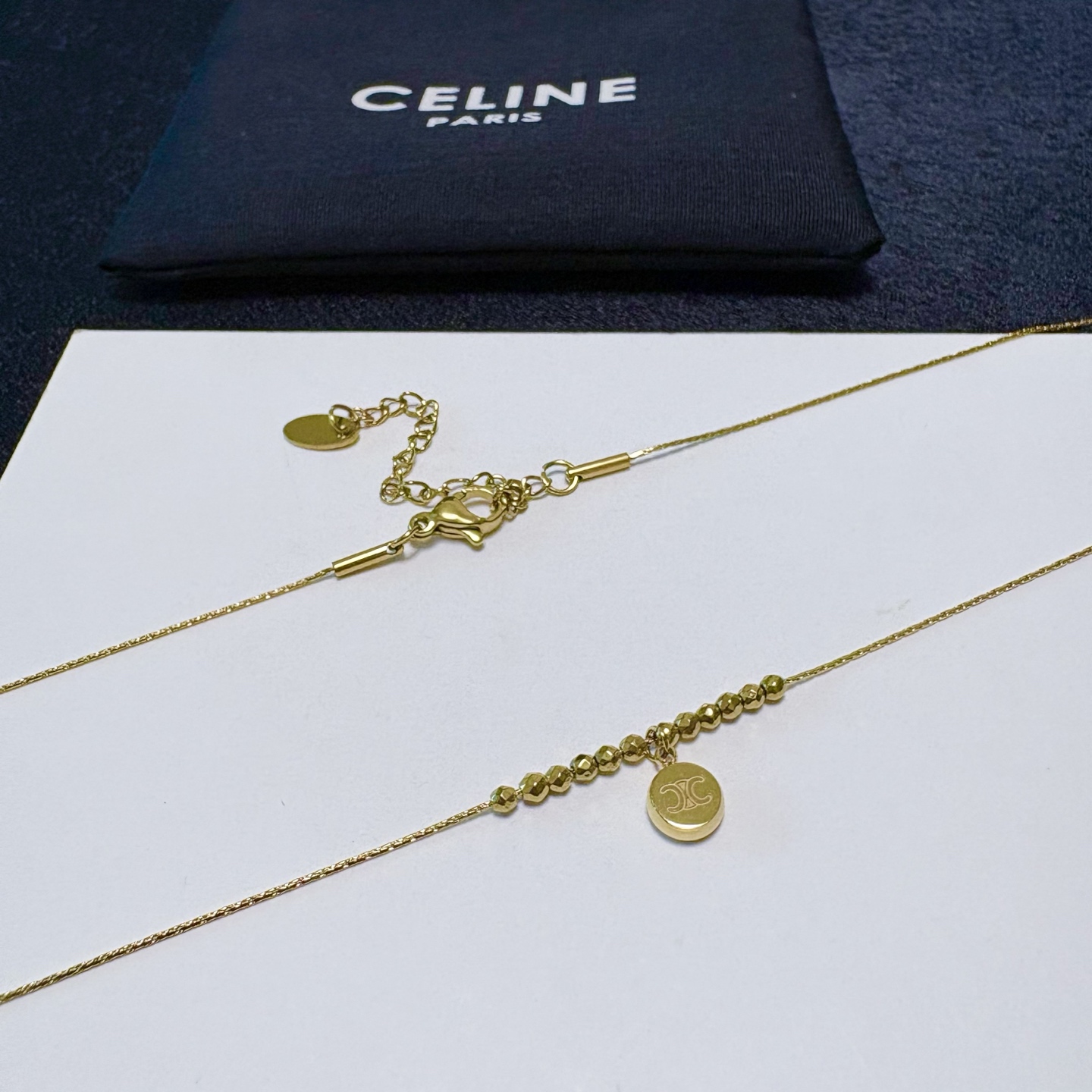 Celine Triomphe Round Pendant Beaded Chain necklace gold-tone metal 40cm with 5cm extender