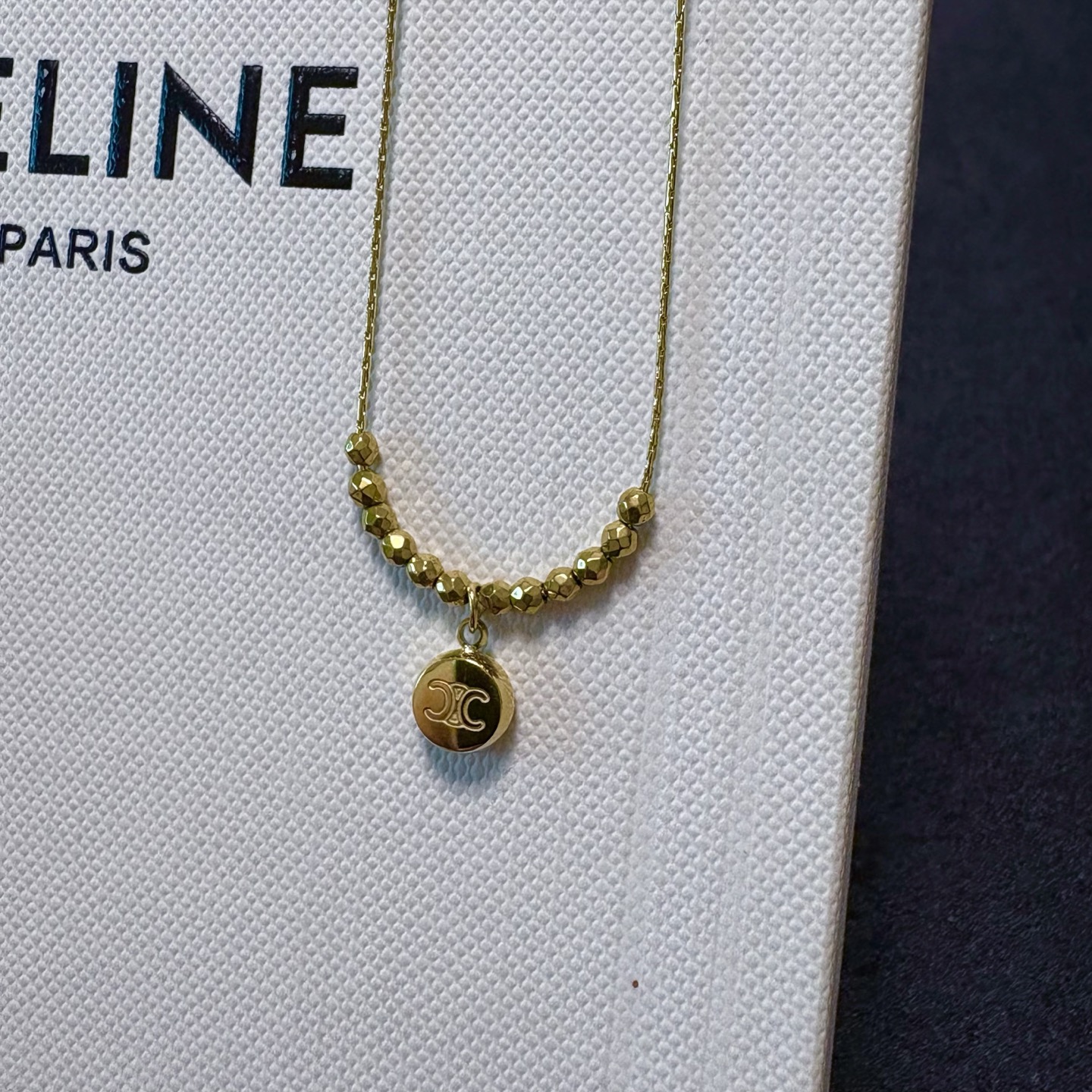 Celine Triomphe Round Pendant Beaded Chain necklace gold-tone metal 40cm with 5cm extender