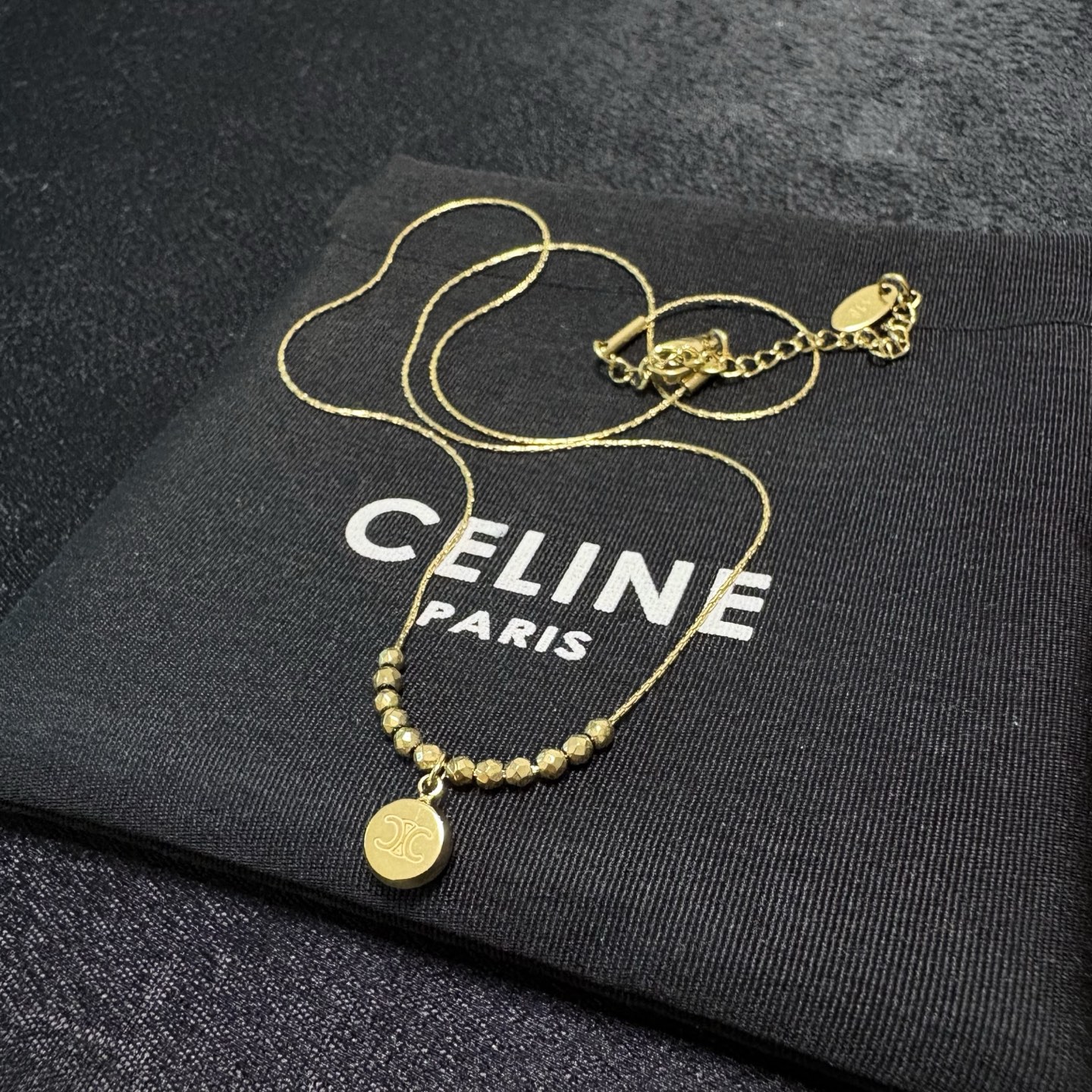 Celine Triomphe Round Pendant Beaded Chain necklace gold-tone metal 40cm with 5cm extender